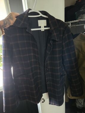 Plaid Wool-Blend Blazer Jacket - Navy/Brown